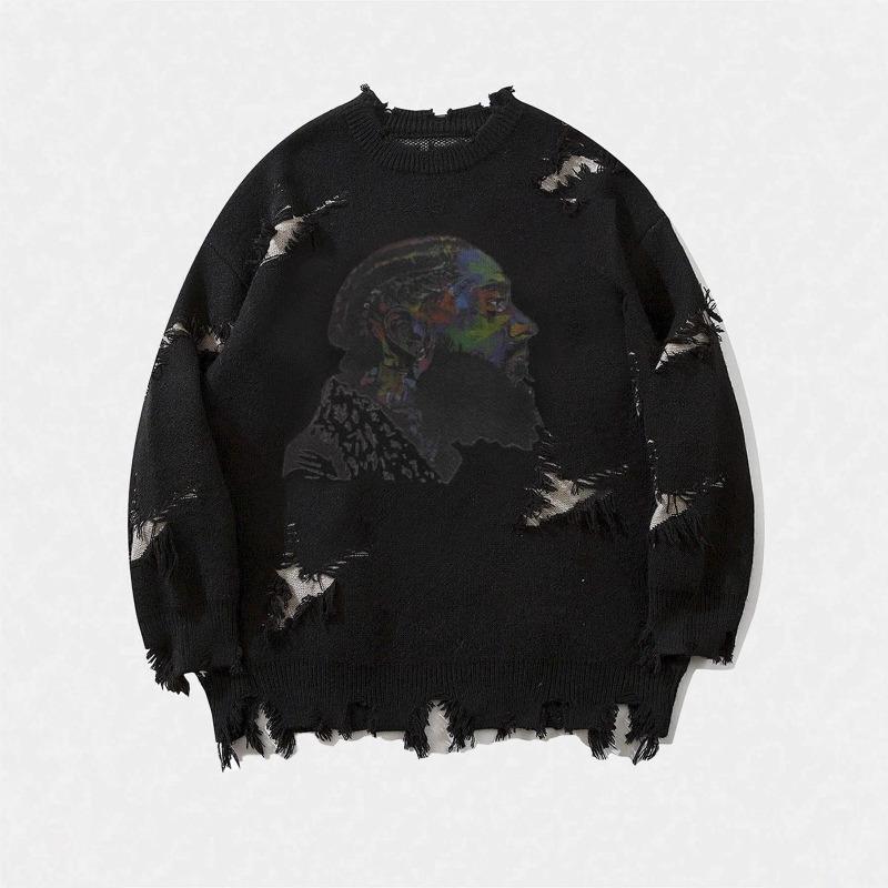 Pánský žíhaný grafický pletený svetr s kulatým výstřihem, oversized, pouliční styl, svetr přes hlavu