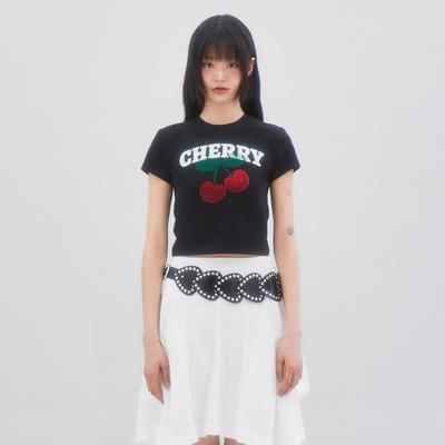LALAFOX Cherry Hotfix T-Shirt Printed Short Sleeve T-Shirt Black Br2Ch016