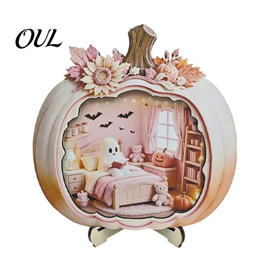 LED Lighted Fall Home Decor Halloween Ghost Pumpkin Wooden Plaque, 2D Flat Tabletop Sign, Indoor Centerpiece Spooky Bathing Reading Ornament