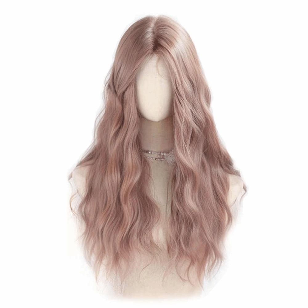 Natural Long Wavy Curly Hair Light Pink Women Cosplay Lolita Wig Daily Use