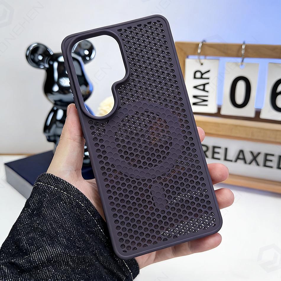 Magnetic Case For Samsung Galaxy S26 S25 Plus S24 S23 S22 Ultra Pure Color Honeycomb Heat Dissipation Frame Cover For Magsafe