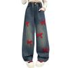 Girls' Chenille Bow Embroidered Fleece-lined Wide-leg Jeans - Stylish Autumn/Winter Slimming Pants