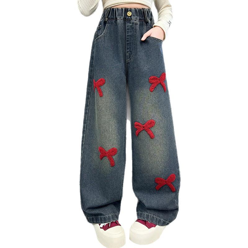 Girls' Chenille Bow Embroidered Fleece-lined Wide-leg Jeans - Stylish Autumn/Winter Slimming Pants