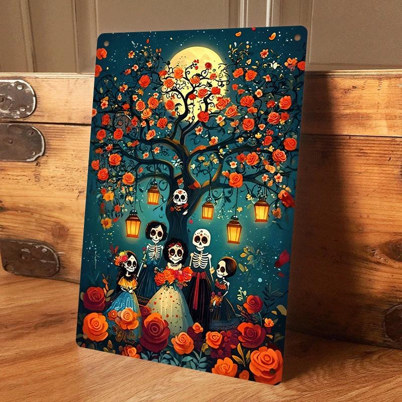 

1 piece of tinplate painting plaque, Mexican Day of the Dead skull family under the moon and rose tree decorative painting, livi (as the picture,20x30cm)