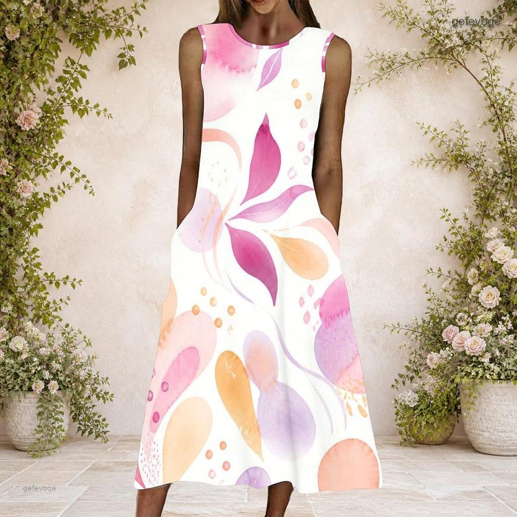 Women Plus Size Round Neck Sleeveless Printed A Line Long Dress With Side Pockets