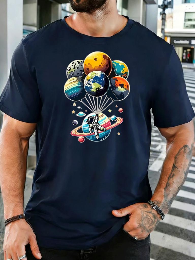 Unisex Short Sleeve T Shirt Astronaut Planet Balloon Graphic Tee Space Print Summer Soft Cotton Casual Street Wear For Adult Male