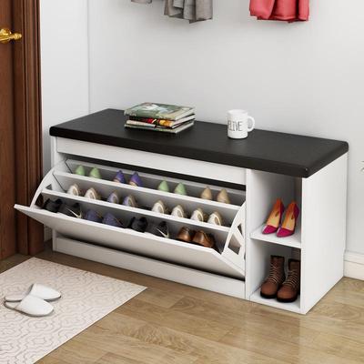 Shoe Storage Bench with Flip-Top Cabinet and Integrated Stool for Entryway