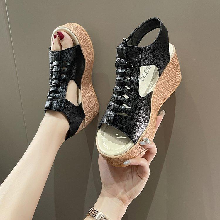Women's Slope-heeled Thick-soled Large-size Sandals New Summer Fashion Waterproof Platform Side Zipper Hollow Sandals