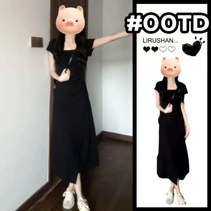 

Coffee break French square collar gray dress women s small summer design sense niche slim and thin temperament long dress 2XL чорний