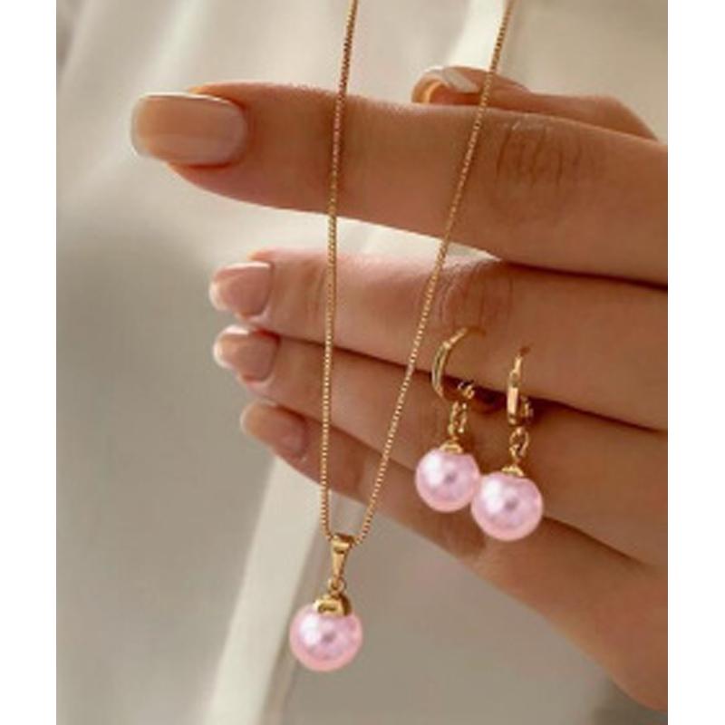 3 Pcs/Set Round Pearl Pendant Necklace For Women Exquisite Fashion Rhinestone Double  Earring Wedding Jewelry Set Gift