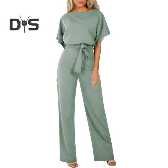 

Женский комбинезон с короткими рукавами, поясом на талии, прямые широкие брюки, повседневный комбинезон с круглым вырезом S светло-зеленый