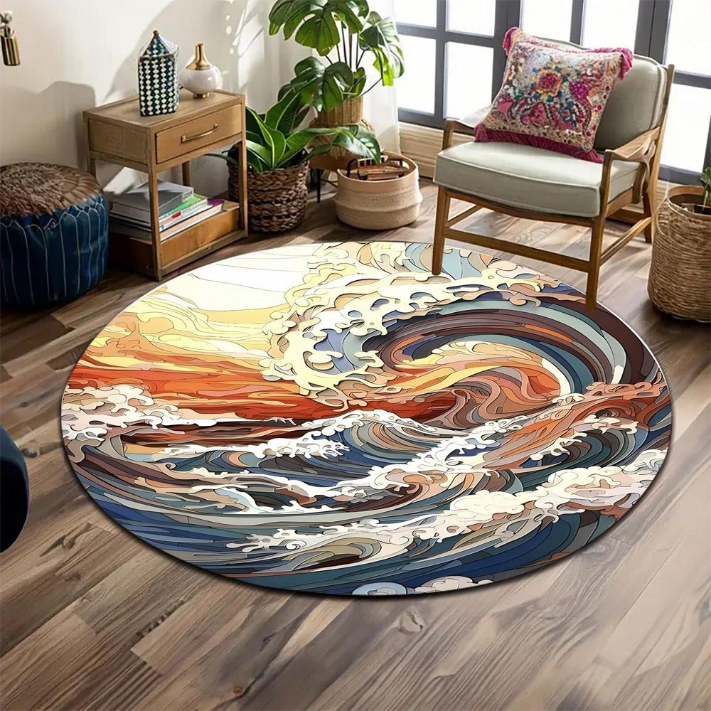 Abstract Ocean Waves Art Print round rug, living room, bedroom, playroom carpet, non slip floor mat, gift