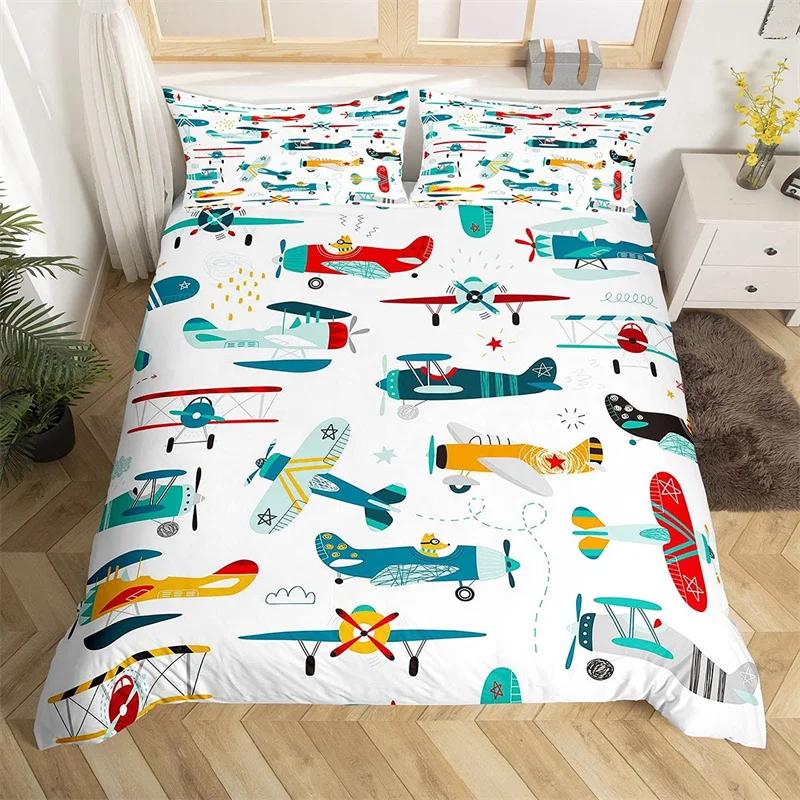 Aircraft Queen Duvet Cover Set Cartoon Airplane Bedding Set Polyester Clouds Stars Moon Print Comforter Cover For Kids Boys Room