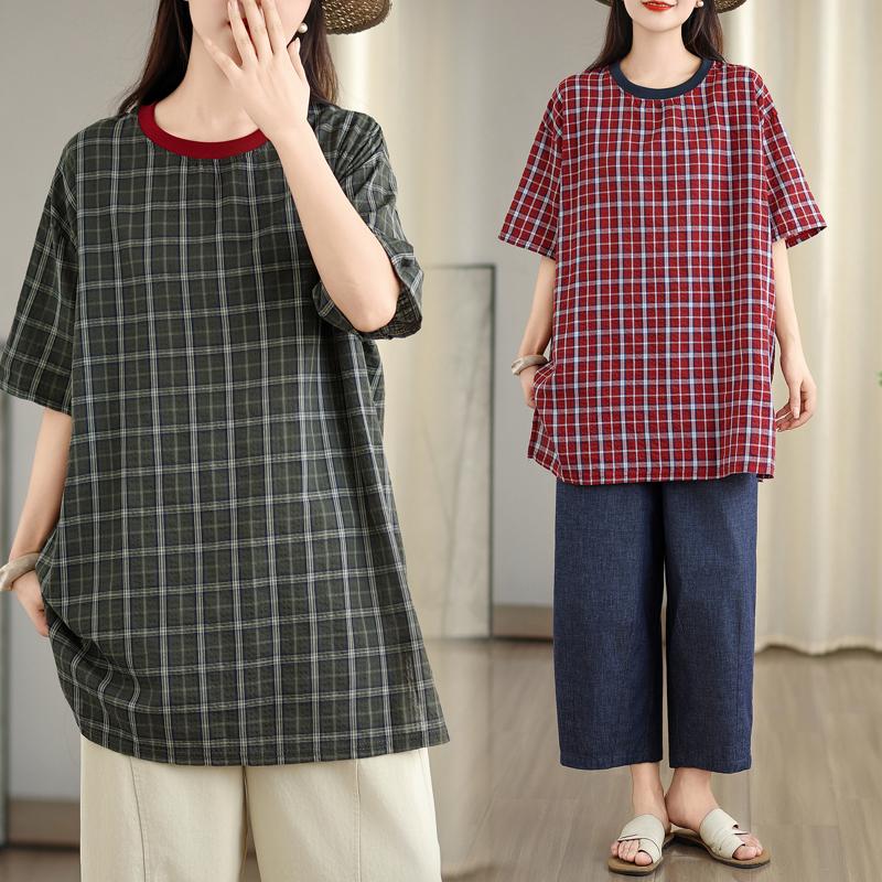 DIMANAF 2025 Summer Plus Size T-Shirt Vintage Women Short Sleeve Plaid Fashion Loose Tops Tees