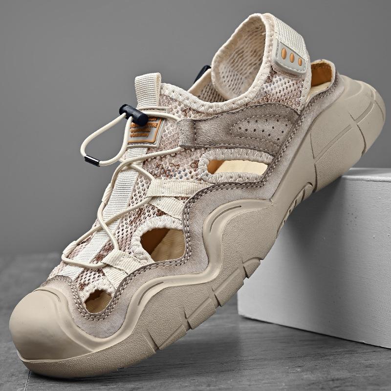 Beach Shoes Men's 2025 Summer Breathable Hollow Sandals Men's Leather Soft-soled Bag Head Outdoor Sports Large Size Casual Shoes