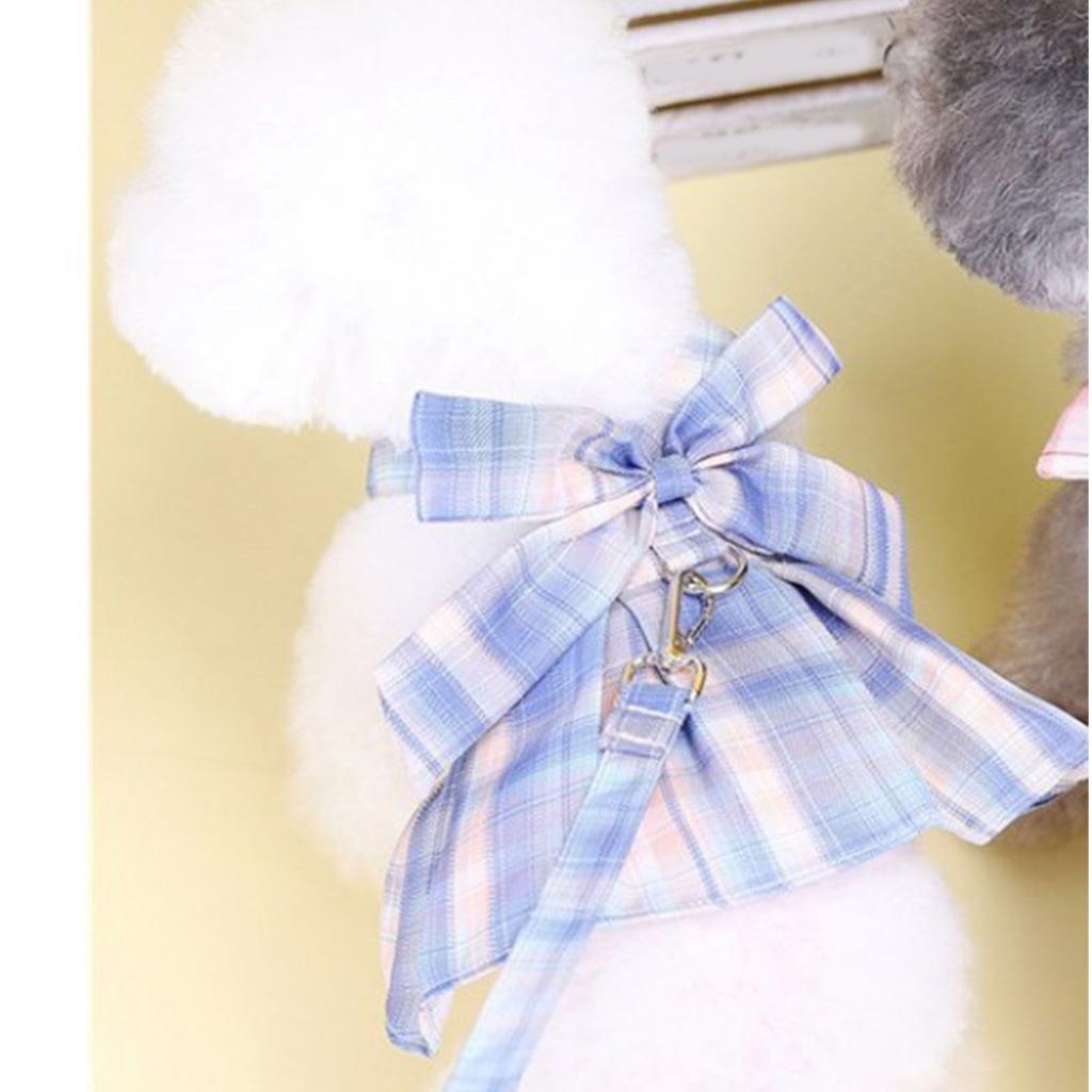 Plaid Dog Dress Bow Tie Harness Leash Set Breathable Soft Comfortable Puppy Dress for Daily Walking