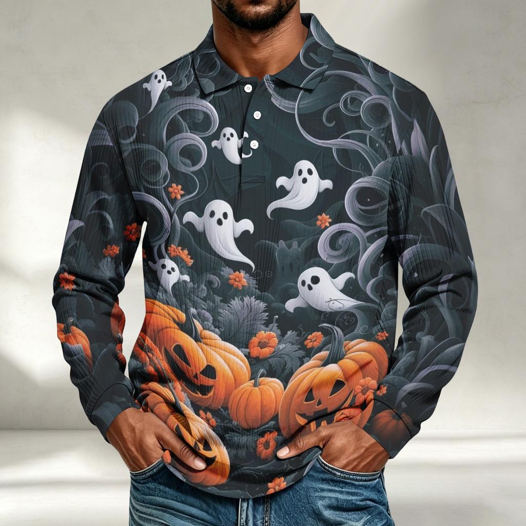 Herren Langarmshirt Halloween-Print Lockerer Schnitt Lässiges Oberteil