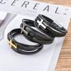 Stainless Steel Cross Pendant Leather Braided Layered Bracelet Men Geometric Design Ins Style Adjustable Length