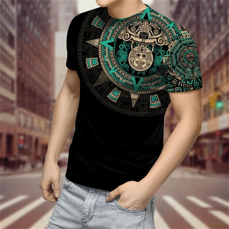 Summer Round Neck 3D Aztec Style Pattern Print Top Fashionable Casual Short Sleeved Men's T-shirts