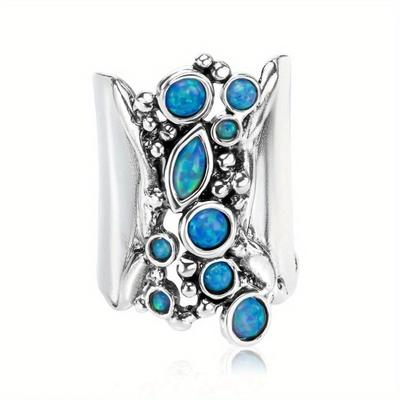 Vintage CopperColor Inlaid Imitation Blue Opal Women's Ring Geometry Hollow Daily Wear Party Jewelry