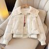 Womens Short White Faux Lamb Fur Collar Down Jacket Winter Warm Puffer Coat Loose Fit Casual Chic