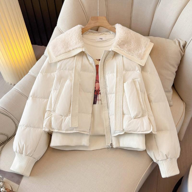 Womens Short White Faux Lamb Fur Collar Down Jacket Winter Warm Puffer Coat Loose Fit Casual Chic