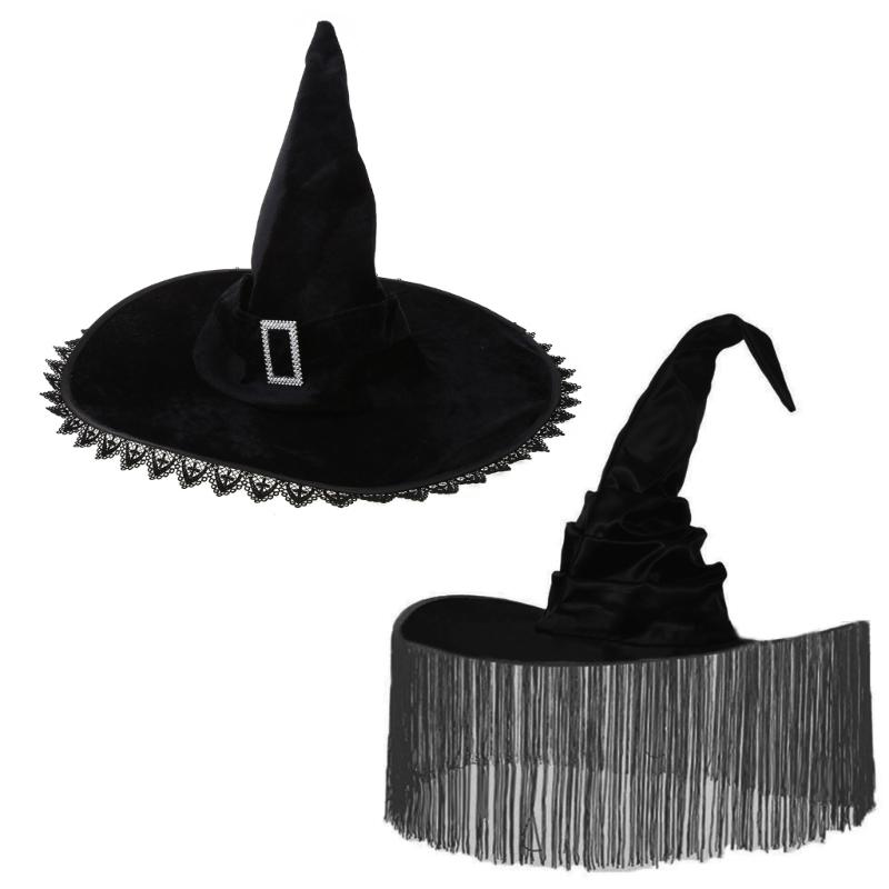 Women Costume Witch Cap Pleated Wizard Hat Halloween Party Headwear Brimmed Hat Tassel/Lace Brim Hats Holiday Headdress