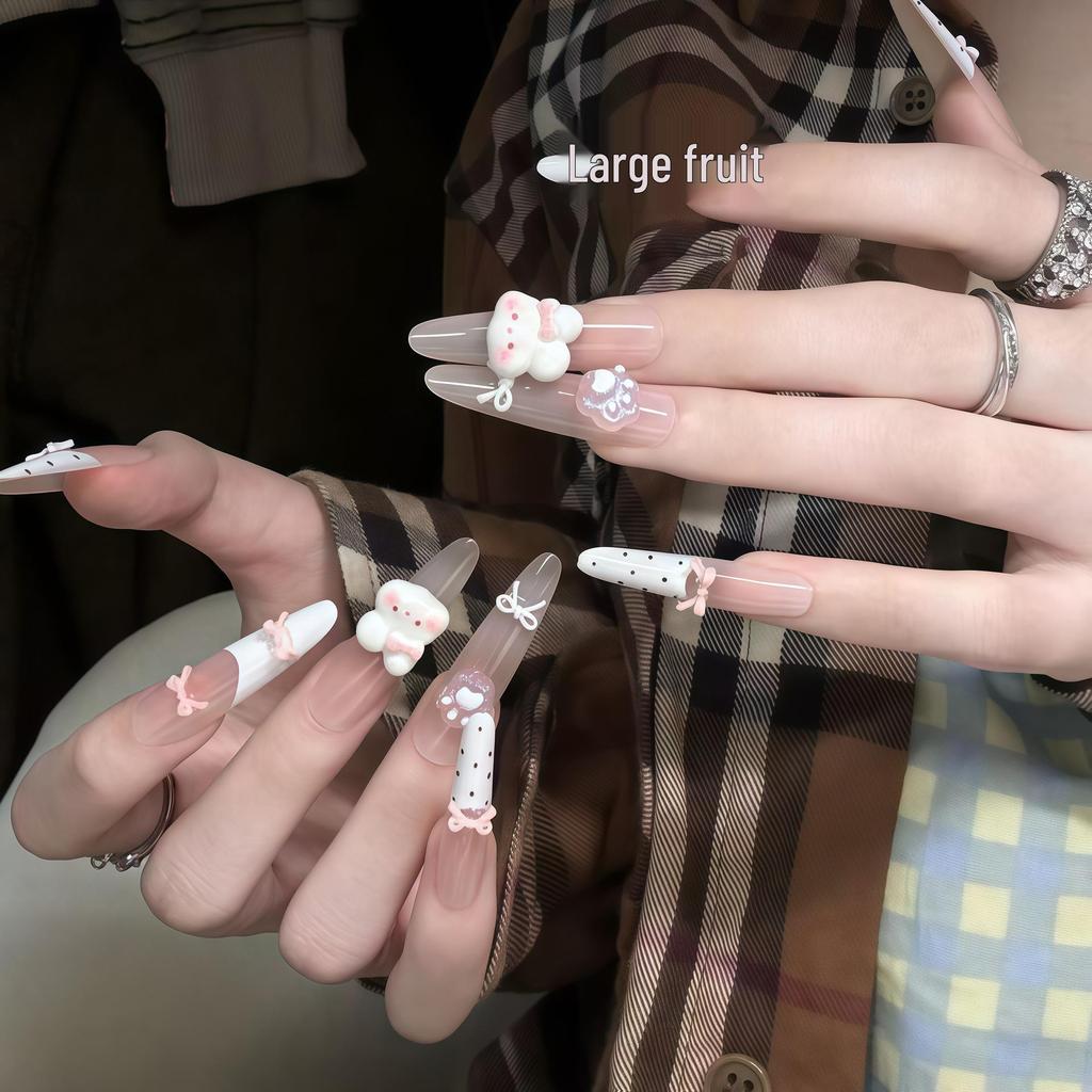 Korean Style Nude Pink 3D Bow False Nails - Milky White Translucent Base for Daily Wear