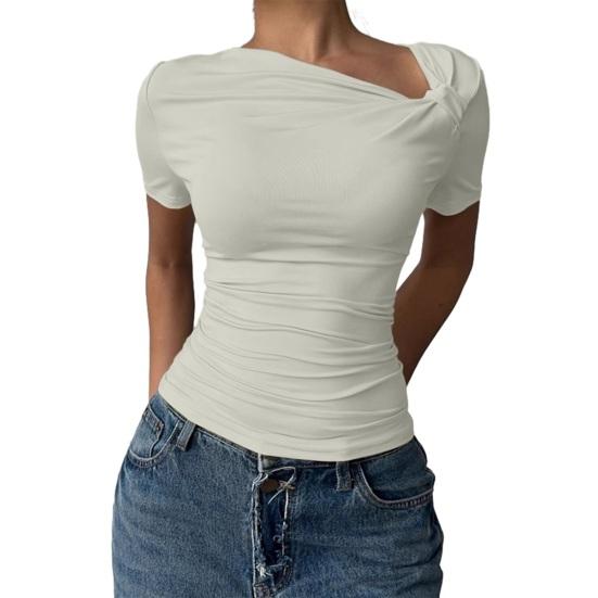 Chemise Femme Manches Courtes Col Biais Style Commuting Hauts Décontractés Coupe Ajustée Couleur Unie T-shirt d'Été