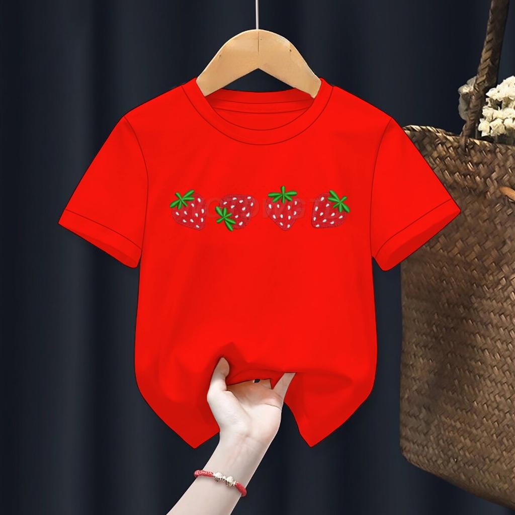 Summer Strawberry Printed Sweet Cute ShortSleeved Childrens Casual Sportswear Tshirt Polyester Fabric Kids Girls Clothes