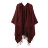 Solid Black Tassel Hem Open Front Poncho Cape Soft Faux Cashmere Wrap Shawl for Women