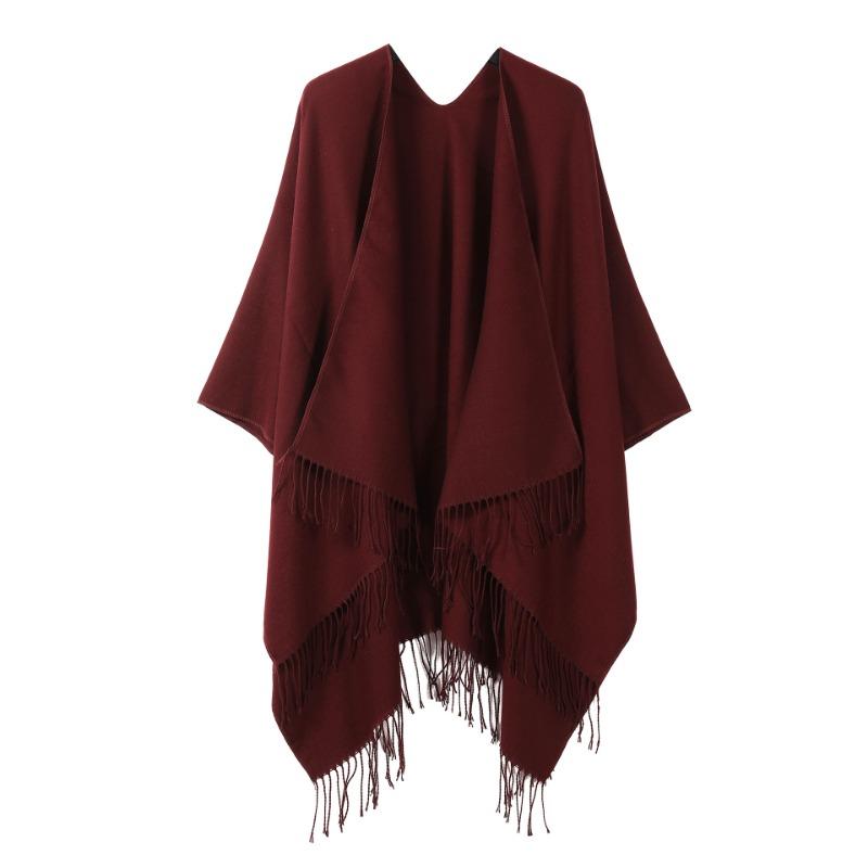 Solid Black Tassel Hem Open Front Poncho Cape Soft Faux Cashmere Wrap Shawl for Women