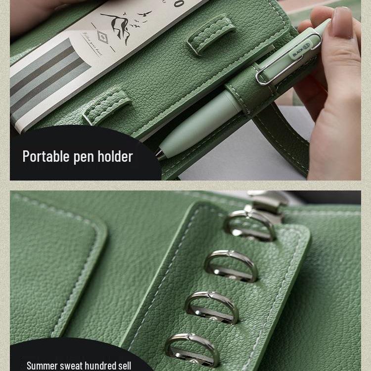 A7 Grain Leather Ring Binder Planner - Portable Pocket Journal with Blank Dot Grid Pages