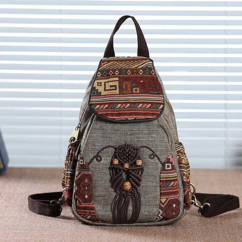 1Pc Handmade Backpack Women's Vintage Canvas Backpacks National Style Geometrical Printed Bag Female Simple Travel Backpack