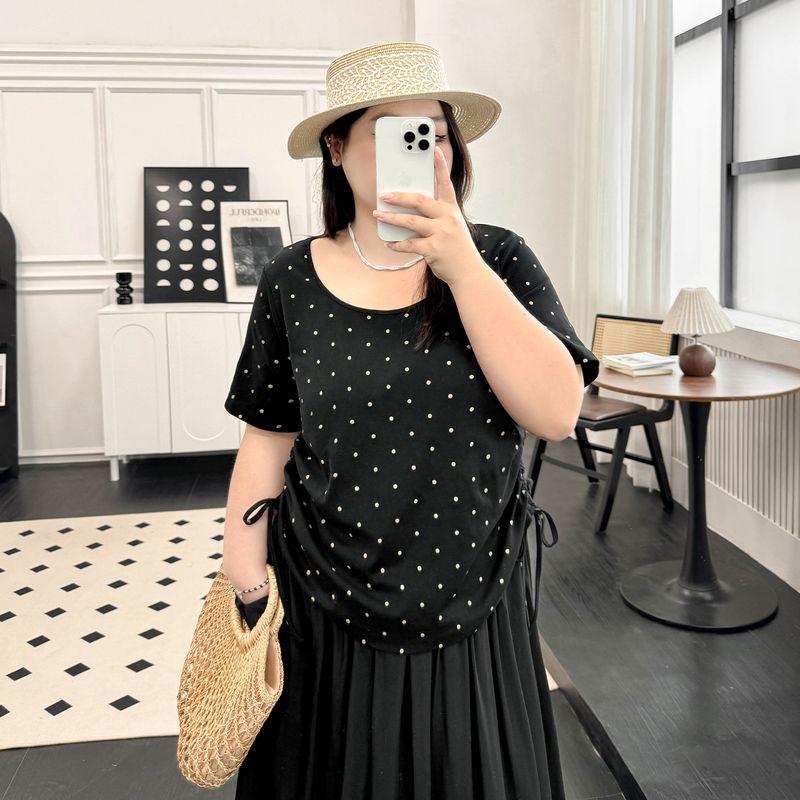 

Plus size women clothing [French style Gentle Wind Set] Polka Dot Drawstring Waist Hugging Short sleeve T-shirt/Skirt Two-piece Set Night Black-T-Shirt 6XL