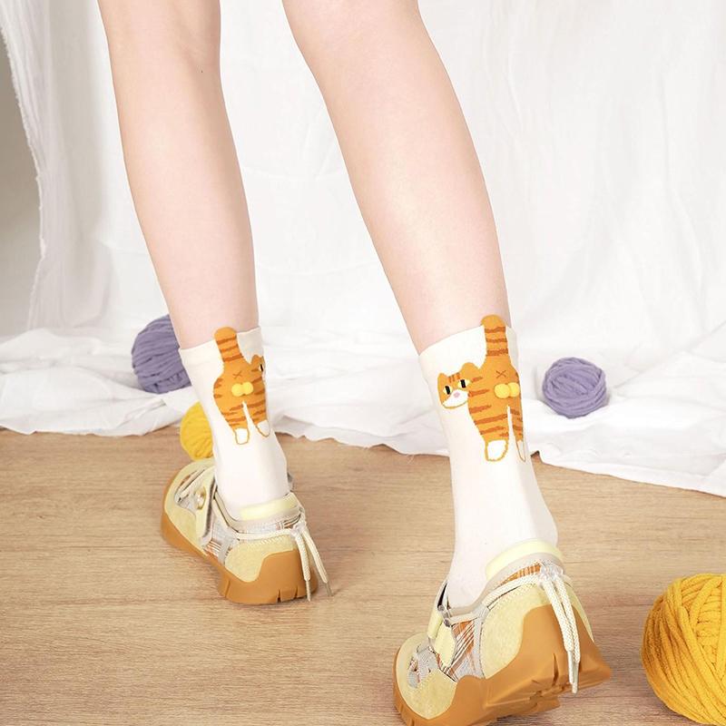Damskie skarpetki z kreskówkowym kotem, dzwoneczkiem i pomponem, na lato, z bawełny, słodkie, japońskie, zabawne, sportowe, średniej długości, 36-42