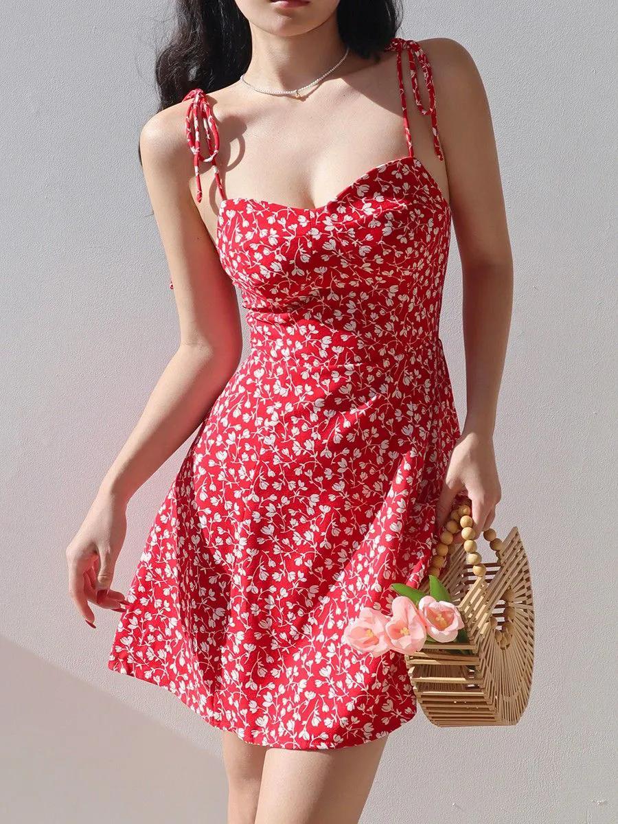 

Женское платье-слинг с открытой спиной-спагетти, женское однотонное дрожащее мини-платье с тонкой талией и цветочным принтом XL красный