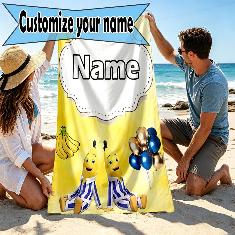 Custom Name Personalized Bananas in Pyjamas Print Beach Towel, for Trip Camping Beach Party Home Decor, Birthday Gift for Family & Friends