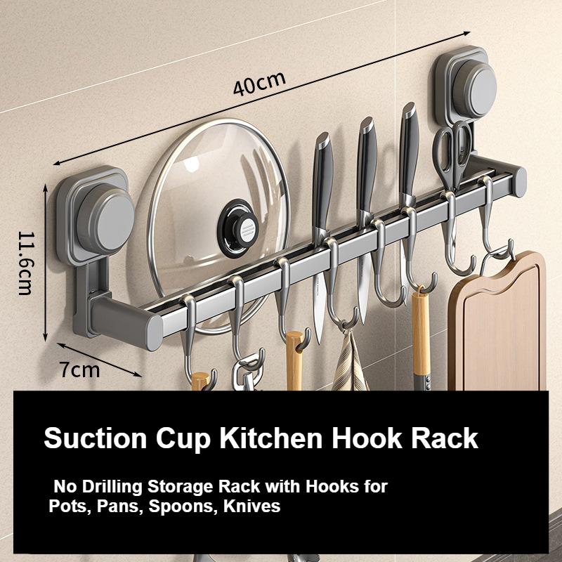 Suction Cup Kitchen Hook Rack No Drilling Storage Rack with Hooks for Pots, Pans, Spoons, Knives Wall-mounted Storage for Items