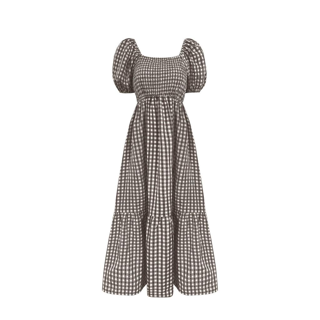 Large Size Summer Idyllic Bubble Sleeve Cake Dress Vichy Square Neck High Waist Dress