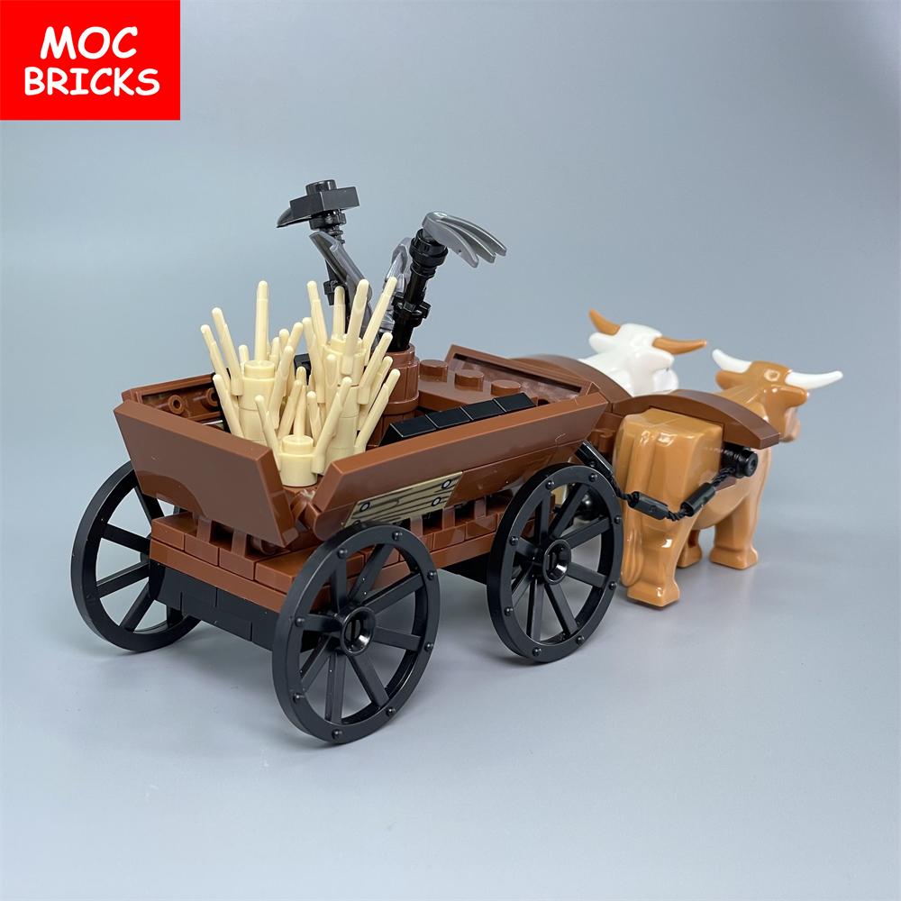 Set  MOC Bricks Cow Cattle Cart Oxen Town Farm House Assembled Building Blocks Accessories Children's Toys