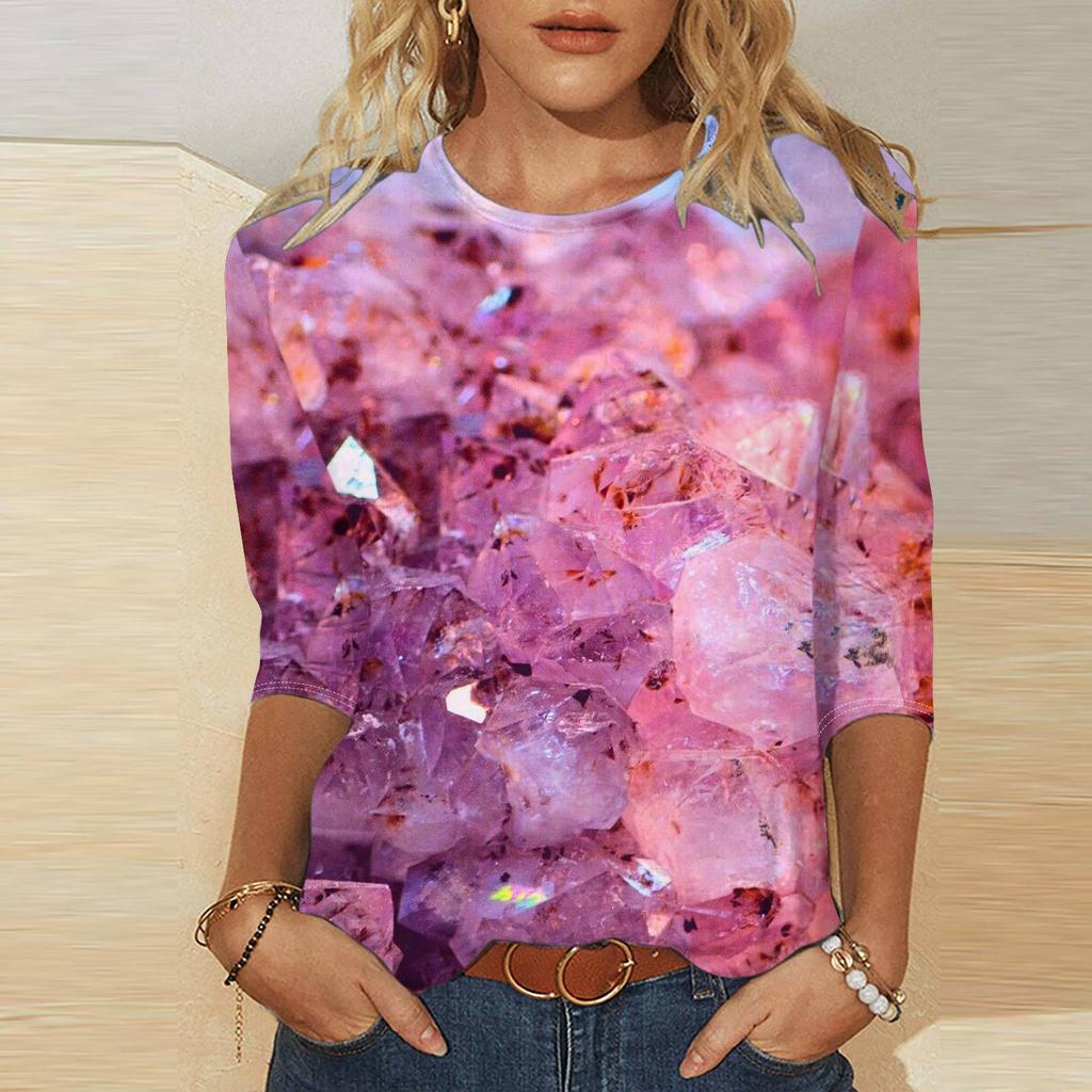 Round Neck 3D Printed Geometric Diamond Pattern Top Fashionable Casual Long Sleeved Women's T-shirts