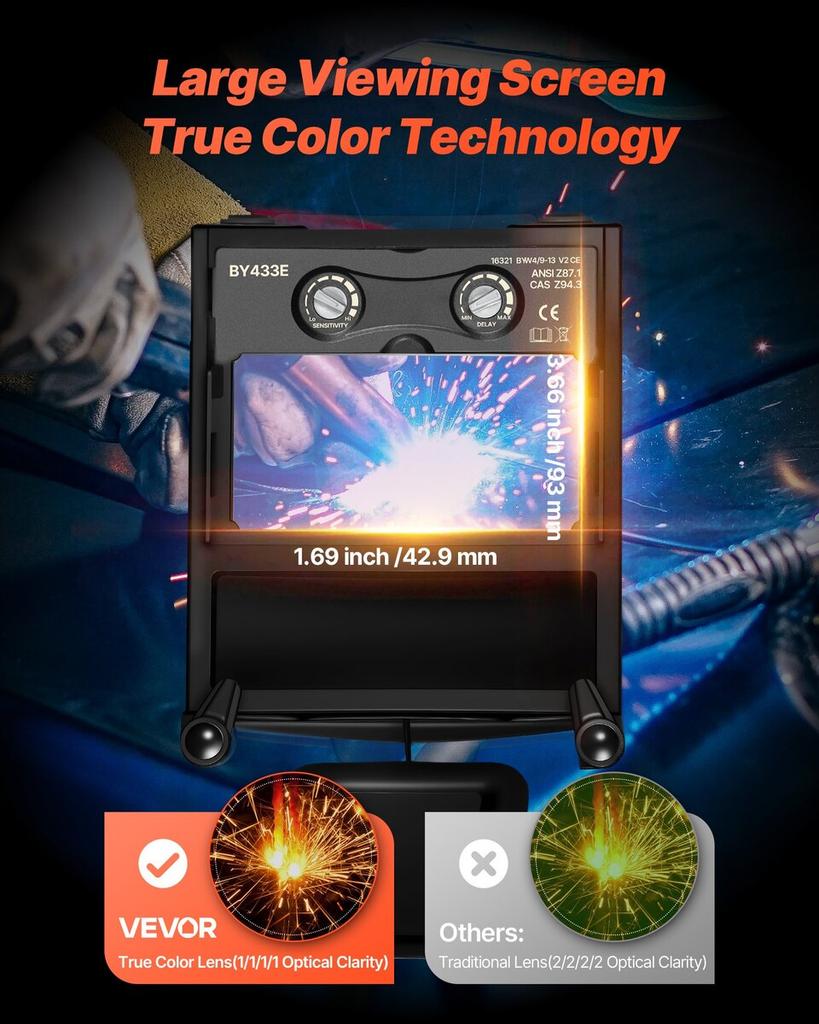 Welding Helmet Auto Darkening, 93 X 43 Mm True Color Welding Hood, Solar-Powered Welder Mask 2 Arc Sensors, Shade 4/9-13 for TIG MIG ARC Weld Grinding