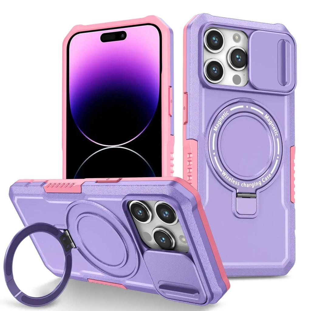 Coque avec béquille pour iPhone 15 14 Pro Max Plus Glissière pour appareil photo avec support invisible Protection contre les chutes de qualité militaire Coque magnétique robuste