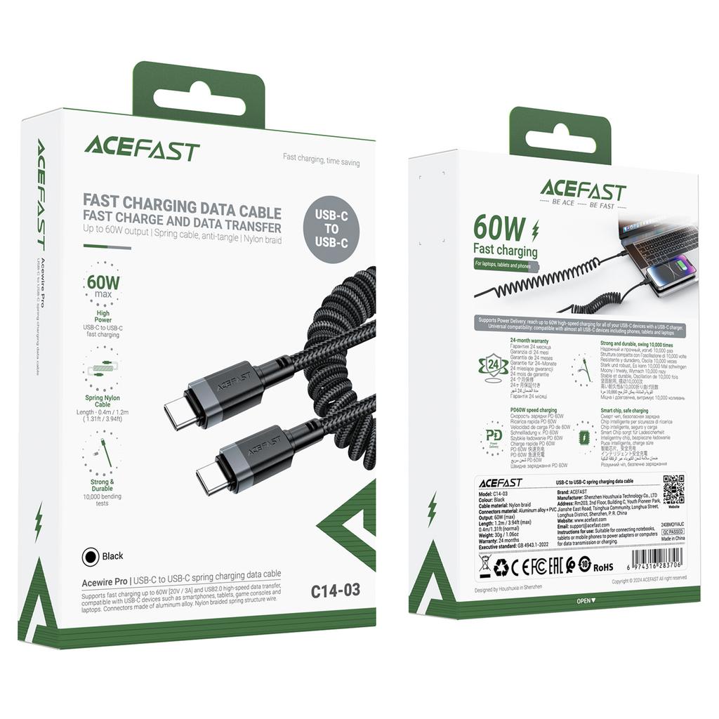 USB-C spiral cable - USB-C 480Mb/s 3A 1.2m - black