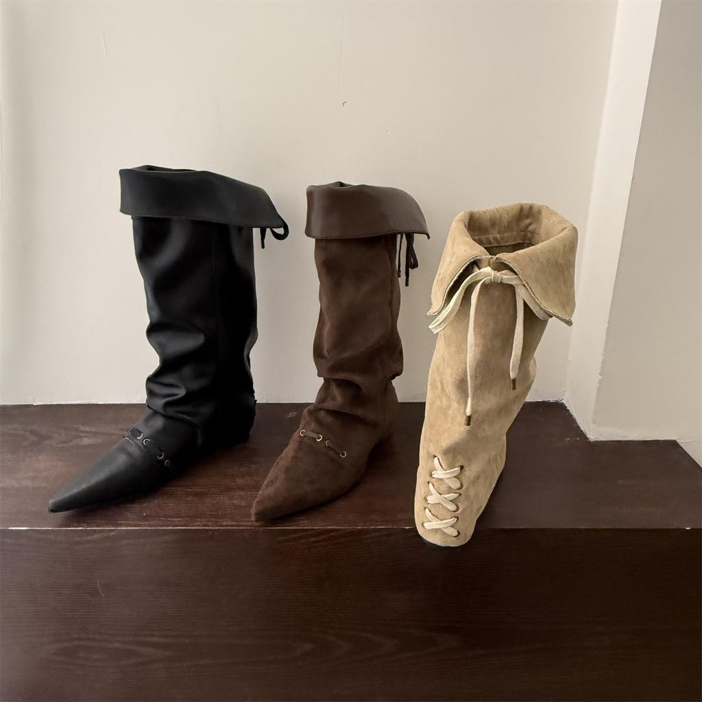 Inner Height Increase Pointed Suede Pile Long Boots Women's Shoes 2025 New Autumn and Winter Thin Medium Tube Knight Boots