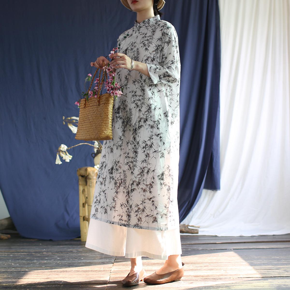 

Johnature Women Chinese Style Print Floral Dresses Stand Long Sleeve Spring A-Line Button Vintage Dress One Size