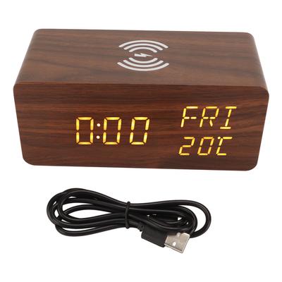 Digitaler Wecker aus Holz, gelbe LED-Anzeige, einstellbarer Dimmer, Wochentagsuhr mit kabelloser Aufladung