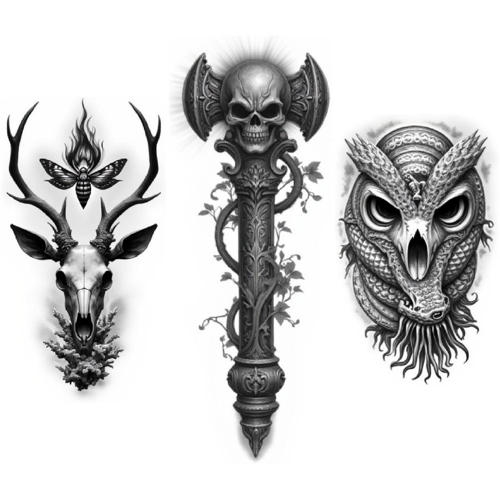 3pcs Temporary Tattoo Waterproof Long-lasting Body Stickers Caged Bat Pocket Watch Witch Illustration For Thighs Women Arms