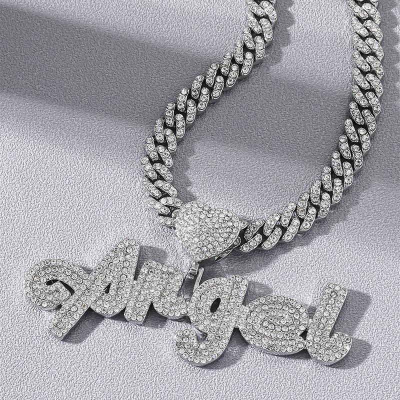 European & American Full Diamond "ANGEL" Cursive Pendant Necklace - Hip Hop Style